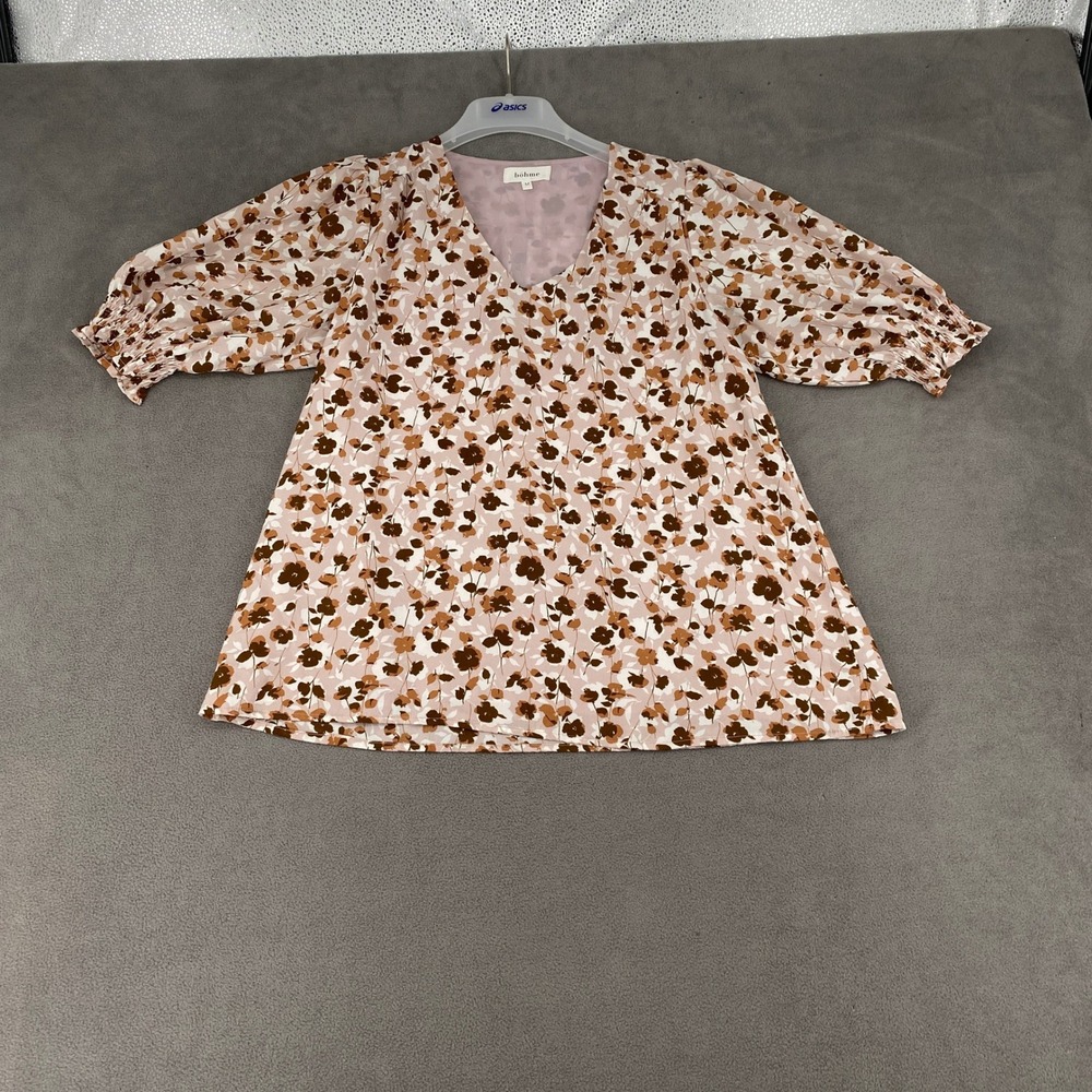 Bohme Floral V-Neck Puff Sleeve Blouse Pink Brown PST7310-BM Medium